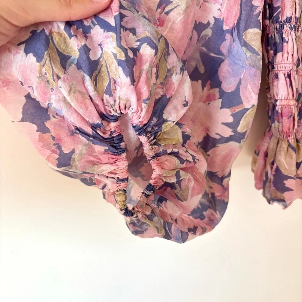 ASTR The Label Nicolette Square Neck Smocked Long Puff Sleeve Floral Pink Purple